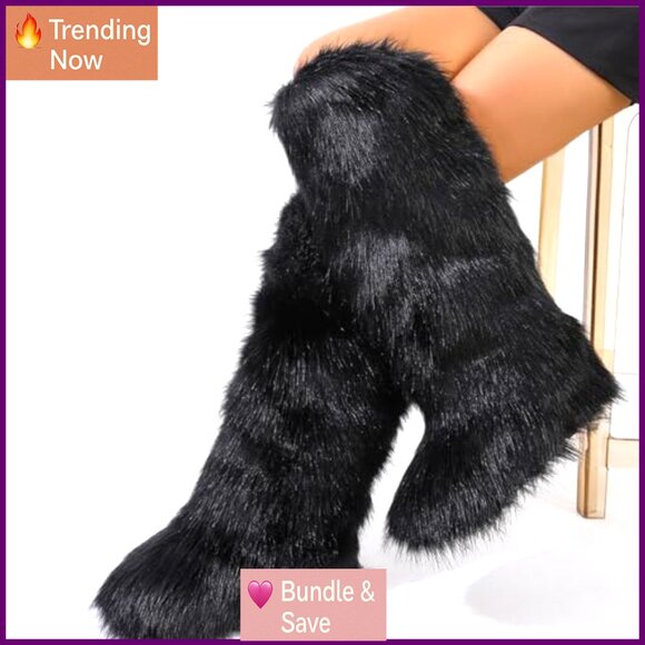Women's Knee High Faux Fur Boots Winter Flat Snow Boots Warm Fuzzy - Picture 7 of 8